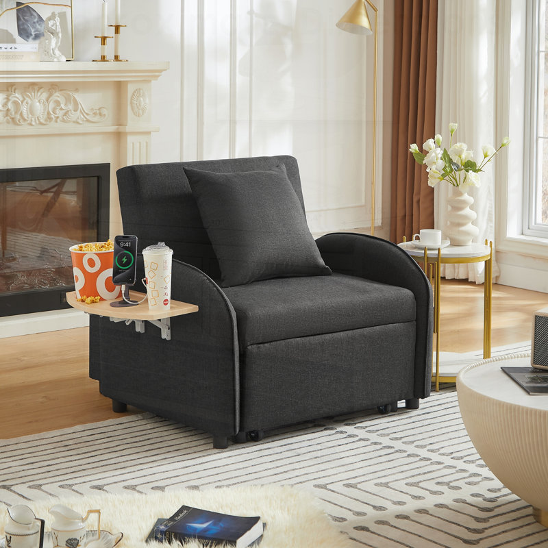 Fauteuil-canapé convertible 3 en 1 avec dossier réglable, table pliante, ports USB et Type-C, idéal pour les petits espaces et multifonctionnel.