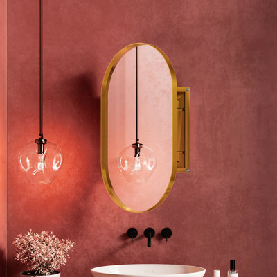 Armoire de salle de bain encastrable ovale 20,56X33,51X4,41 pouces, cadre en métal doré mat et tablettes réglables avec miroir Armoire encadrée pour rangement, pharmacie
