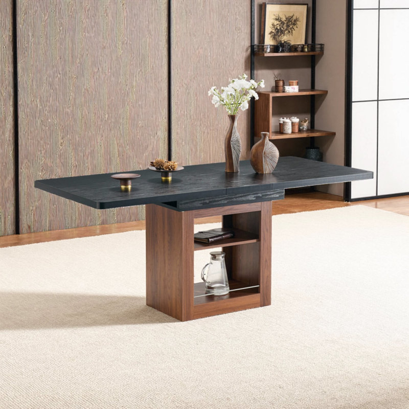 59''-71'' Expandable Dining Table, Rectangular Kitchen Dining Table With Two Open Shelves, Accommodating 4-8 People, Black