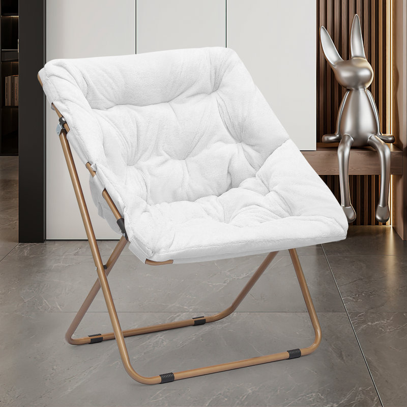 Upholstered Folding Square Saucer, Tufted Cozy Accent Chair with Golden Metal Frame for Living Room, White Synthetic Fur, No