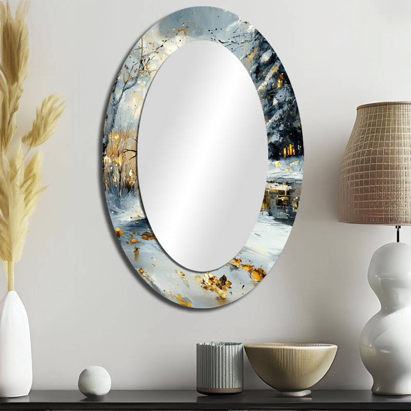 Christmas Snowman In Gold and White Tones II - Miroir mural ovale traditionnel doré, 36 po x 24 po