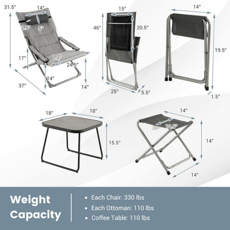 5-Piece Patio Sling Chair Set Folding Lounge Chairs With Footrests And Coffee Table
