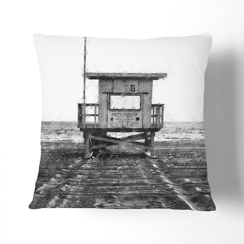 Lifeguard Station upon the Beach Painting Cushion with Filling, 40cm H x 40cm W x 15cm D, Black