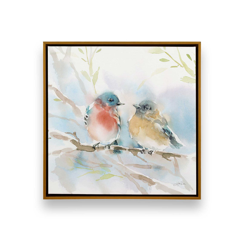 «Bluebird pair in Spring» par Katrina Pete - reproduction d'art sur toile tendue, H 36 po x l 36 po, Toile encadrée, Doré