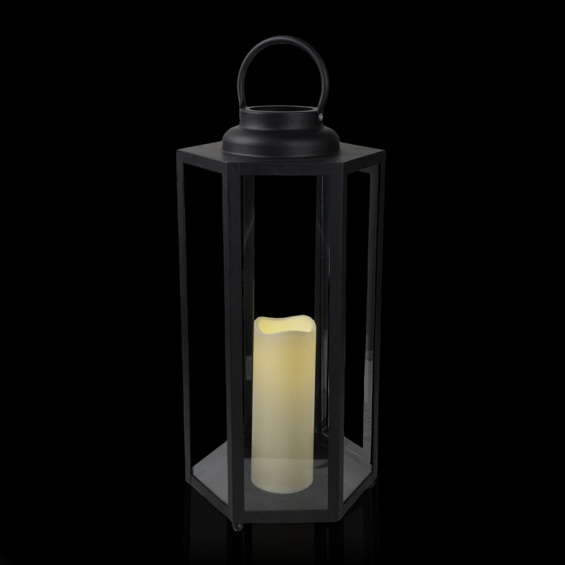 Black 18" Hanging Iron Candle Lantern with LED Lights