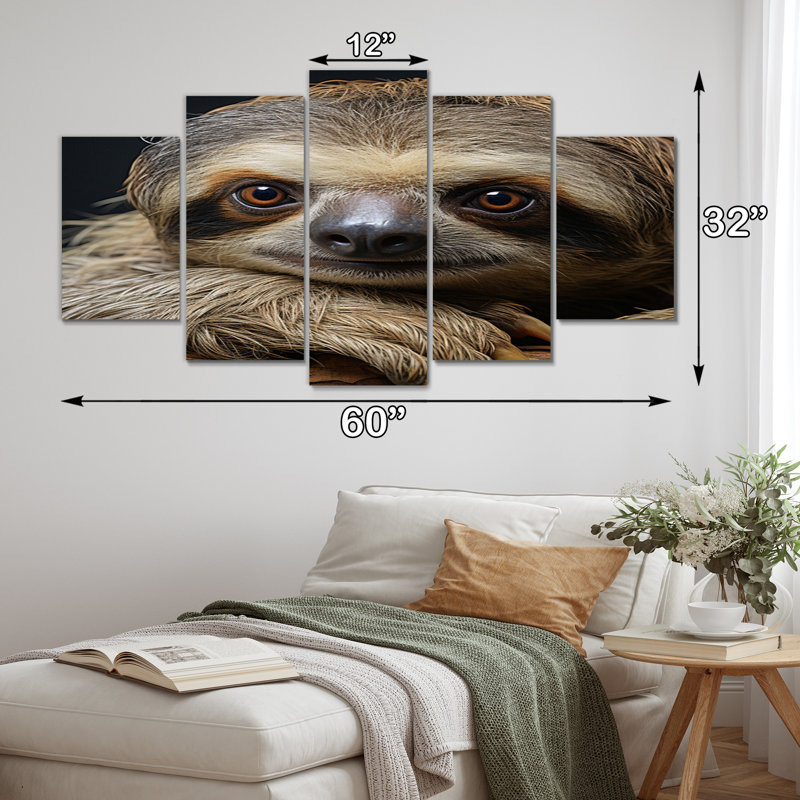 Joli portrait paresseux - animaux, art mural sur toile - 5 panneaux