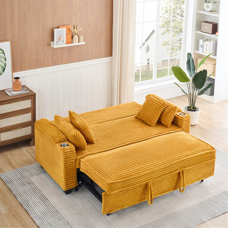 Jeffrey Convertible Corduroy Sofa Bed with Adjustable Backrest & Cup Holders, Orange