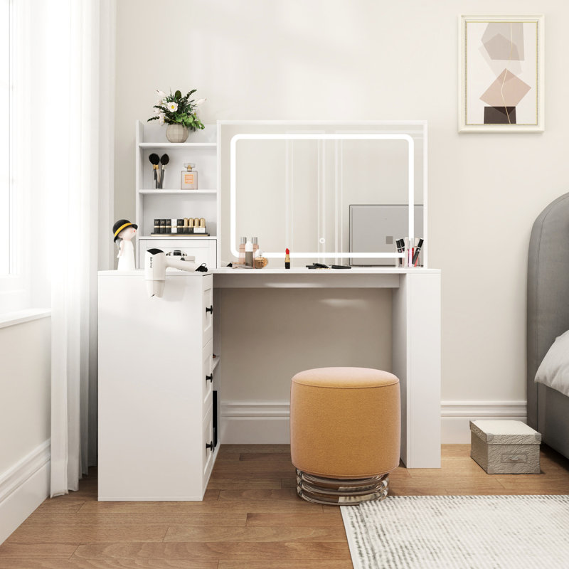 Coiffeuse blanche avec multiprise et 3 grands tiroirs de rangement, lumières, tiroirs de maquillage, éclairage réglable, tendance