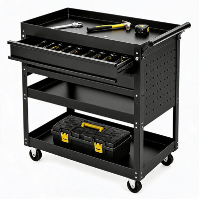 Chariot à outils 30 pouces à 3 niveaux avec 2 tiroirs verrouillables, armoire à outils mobile robuste avec roulettes pour garage, entrepôt et atelier