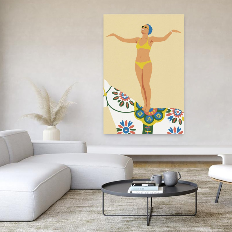 Bikini acrobate sur cheval, rétro, cheval rétro, plage, art mural
