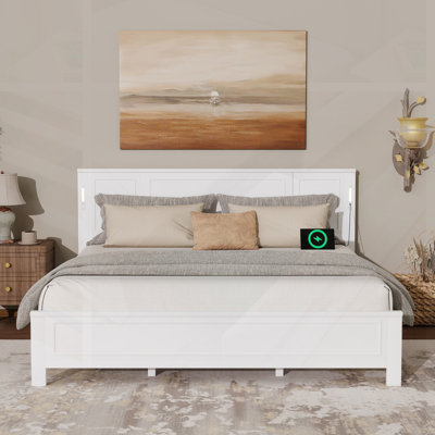 King Size Bed With Tall-Panel Headboard, Built-In LED Lights, USB Charging, And Strengthened Pine Wood Frame