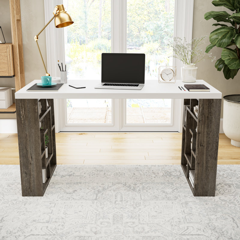 Modern Study Desk with Numerous Shelves, White & Dark Oak, 55.1 x 29.5 x 23.6 inches | 100% Melamine Coated Particle Board, 0.98 in Top & 0.71 in Legs | Stylish & Functional Workspace Solution for Home Office