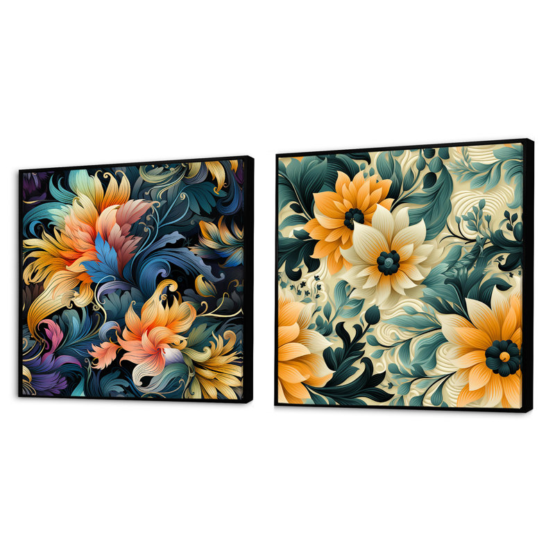 Janna - Ensemble de 2 collages carrés botaniques abstraits, Cadre flottant noir, H 16 po x l 33 po