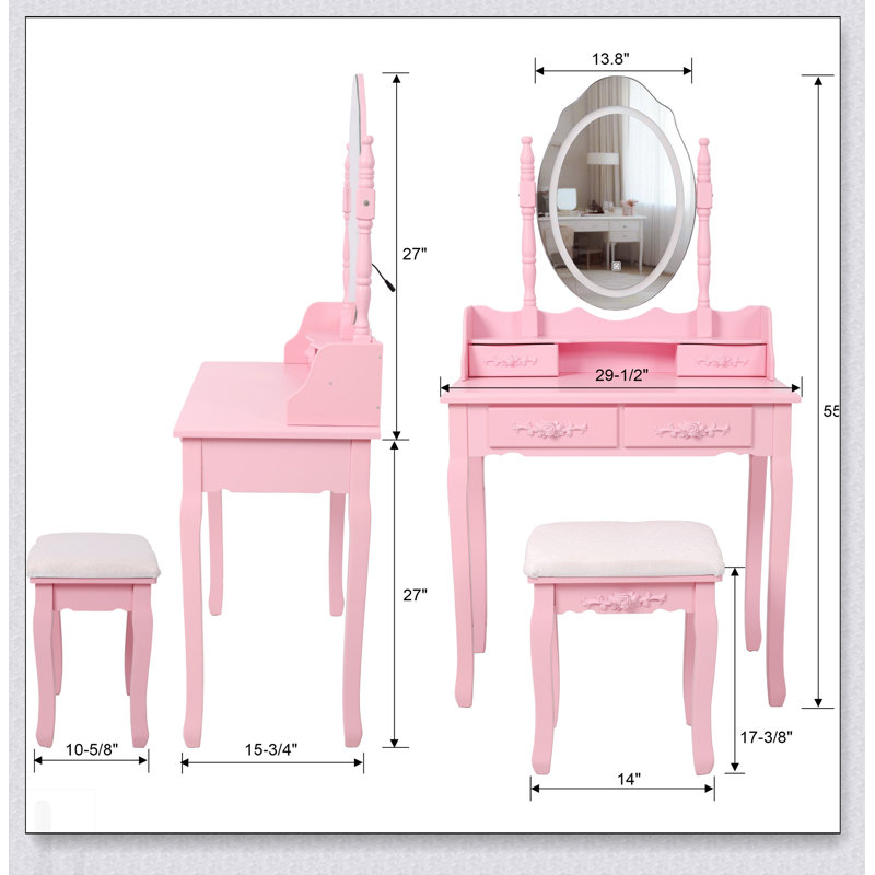 Ensemble de coiffeuse avec miroir et tabouret rembourré Princess