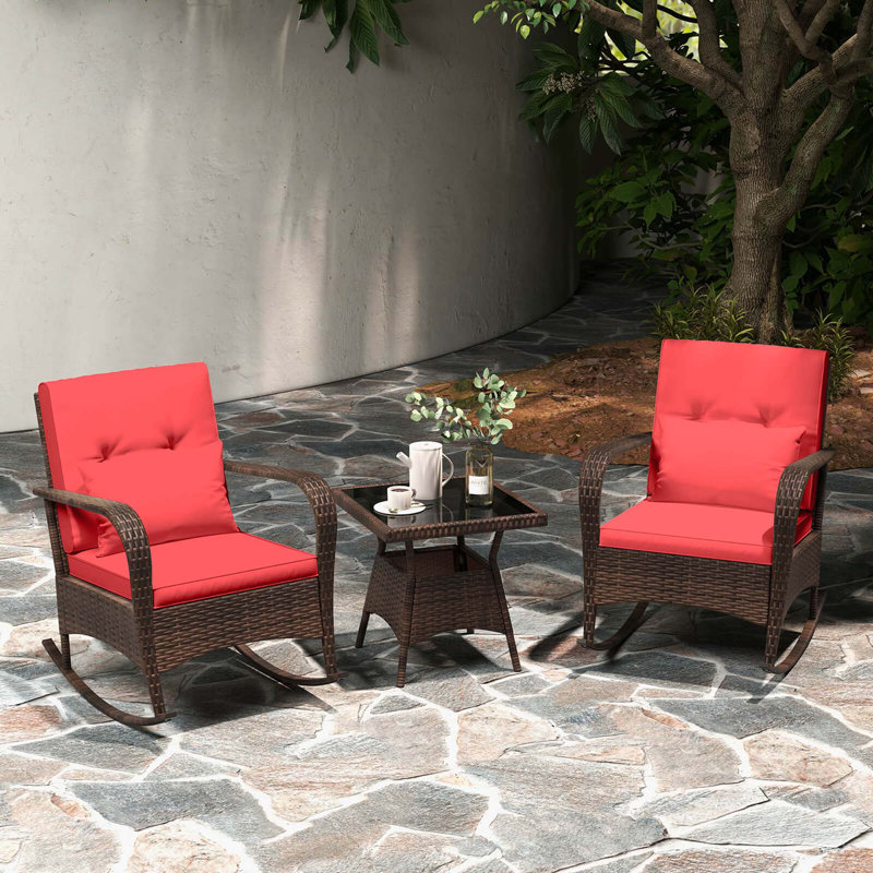 3 Pcs Rocking Bistro Set With Removable Cushions & Tempered Glass Top Coffee Table, Red