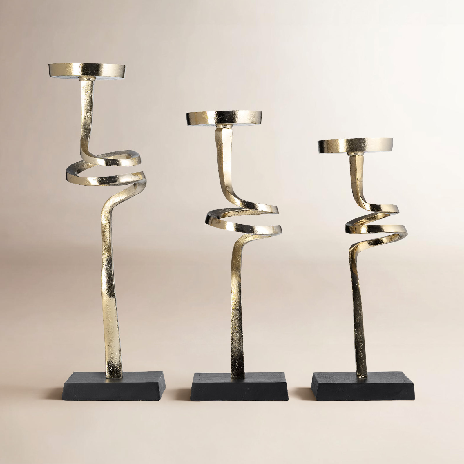 Foxx 11"Hx4" Diameter/13"Hx4" Diameter/16"Hx4" Diameter, Metal, Set of Three Abstract Design Candle Pillar Holders, Gold Finish Patina, Aluminum. Ideal for Weddings, Parties, and Centerpieces.