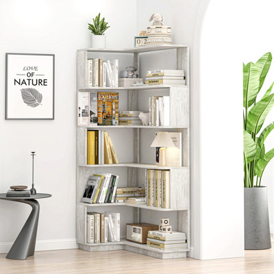 90cm (35.43") extended size 5-Tier Freestanding L-Shaped Corner Bookshelf For Living Room, Bedroom, home office Wooden Bookcase with anti-drop panel and anti tipping device, Display shelf Open storage