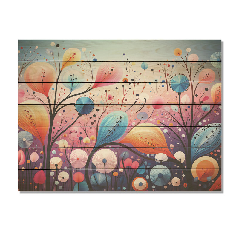 «Pink and Blue Botanical Abstracts Wonderland I» - Botaniques sur bois, H 34 po x l 44 po