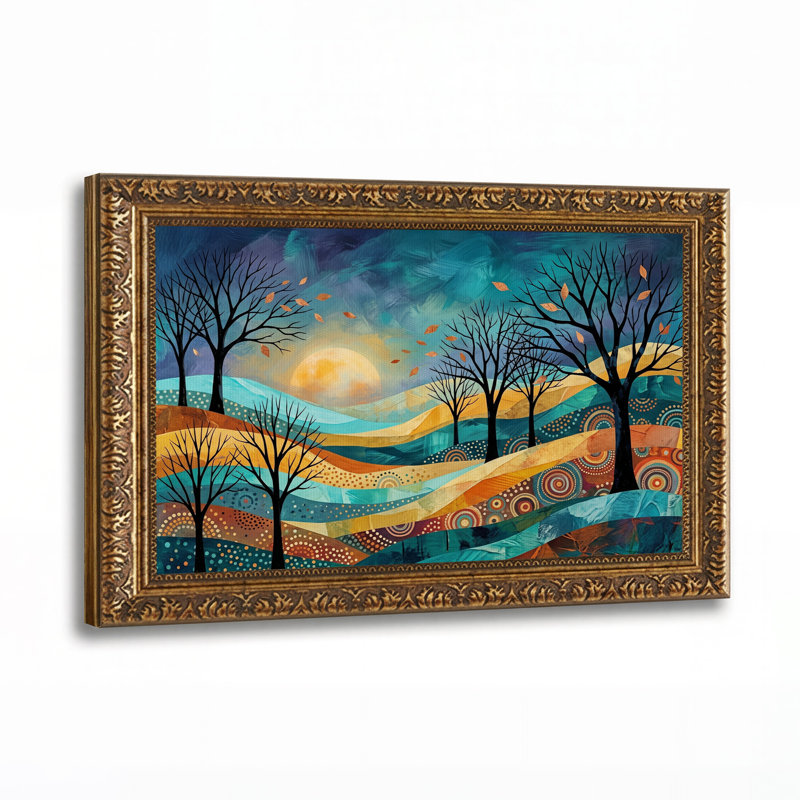 Tableau sur toile représentant un paysage abstrait avec des arbres nus et des collines aux motifs variés, H 16 po x l 24 po