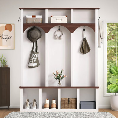 Farmhouse Wooden Hall Tree with Arched Design, 4-in-1 Entryway Storage Bench with 5 Hooks & 7 Cubbies, Rustic Mudroom Shoe Cabinet by Lark Manor