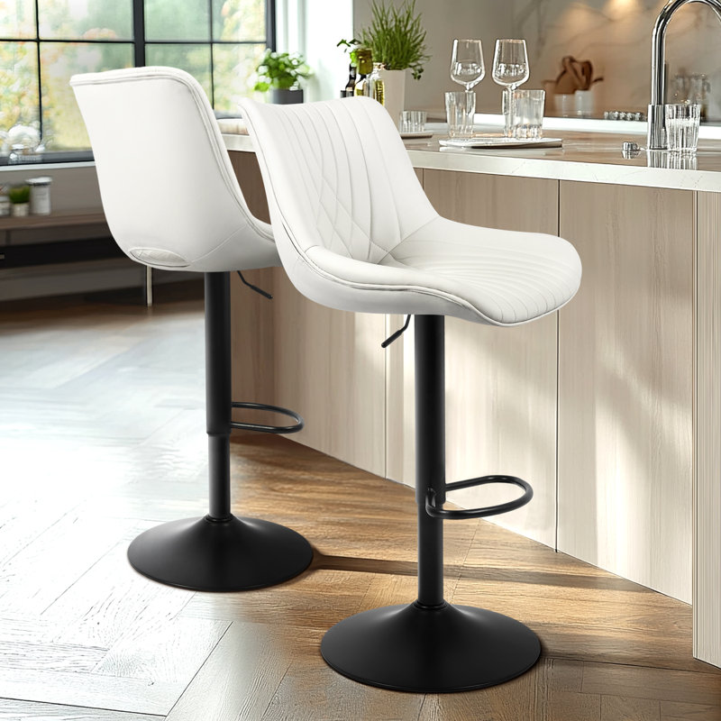 White Adjustable Swivel Faux Leather Counter Stools with Metal Base