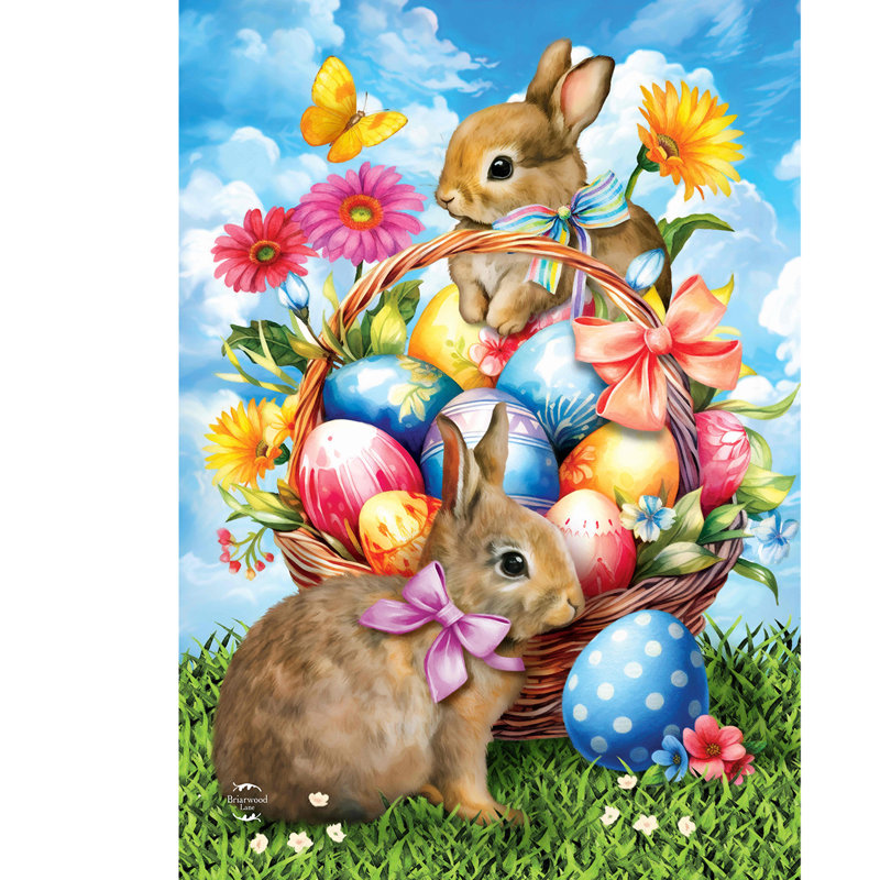Drapeau de jardin Sprintime Bunnies, Printemps brun/bleu/vert 1