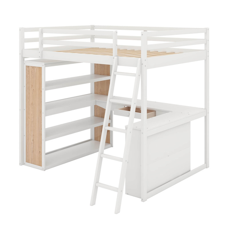 Lit mezzanine double avec tablettes et bureau, Blanc