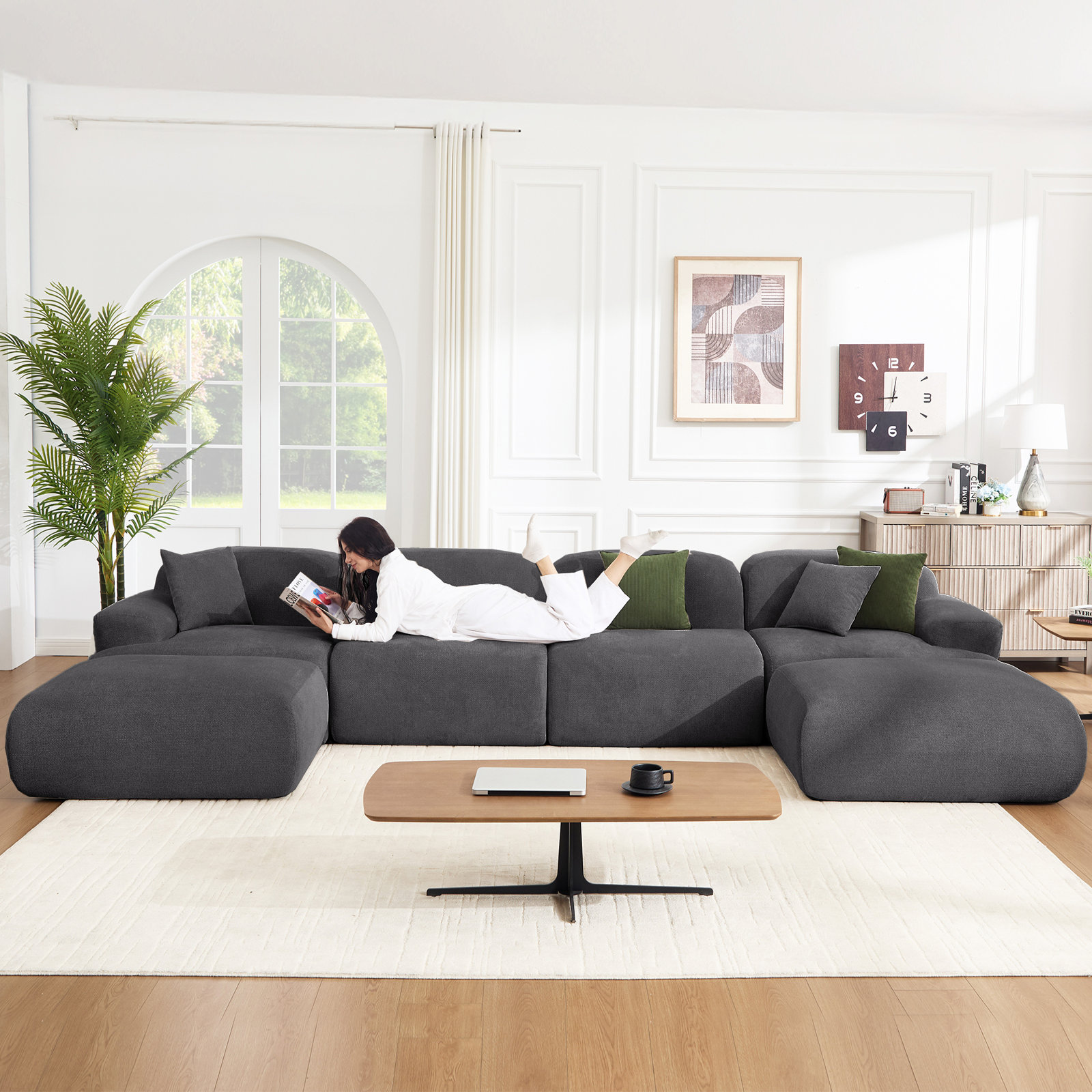 153.5" U Shaped Sectional Compression Chenille Corduroy Modular Sofa Oversized, Gray Polyester Blend