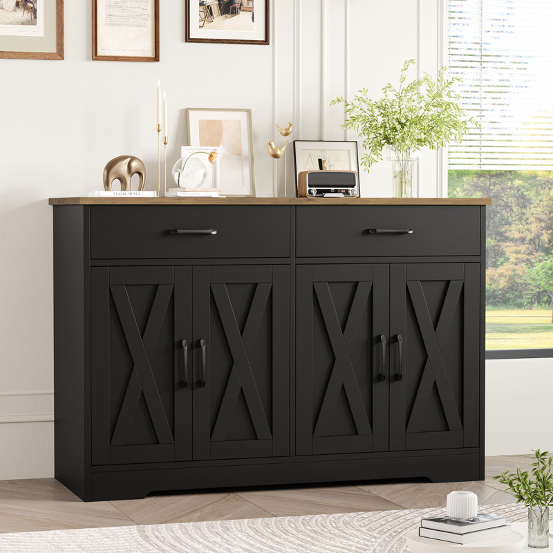 Armoire décorative 47 po à 4 portes, présentoir avec 2 tiroirs, Brun / Noir