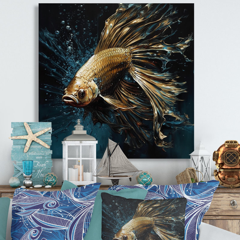 «Gold Fish in the Ocean II - Animal Fish», reproduction d'art, H 36 po x l 36 po x P 1,5 po, Toile tendue