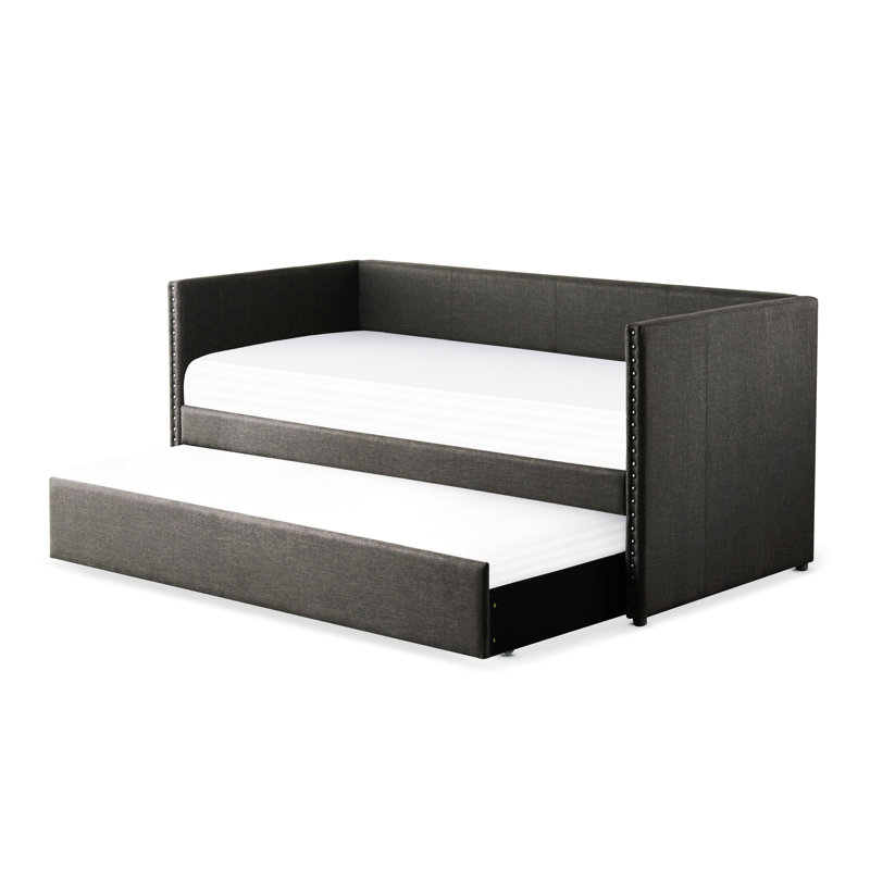 Lit de jour avec tissu gris, gigogne gigogne et cadre en bois à garniture cloutée pour revêtement de chambre, Gris