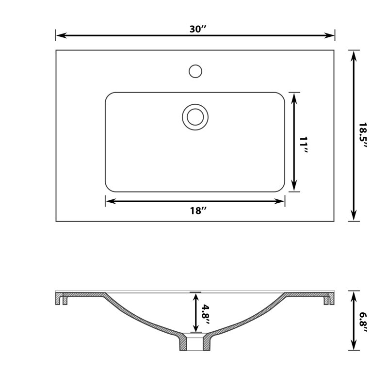 Plateau de meuble-lavabo en céramique blanc L 30 po x l 18 po avec comptoir (avec comptoir seulement)