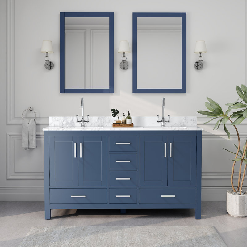 Meuble-lavabo double 60 po avec plateau en granite blanc Riverford