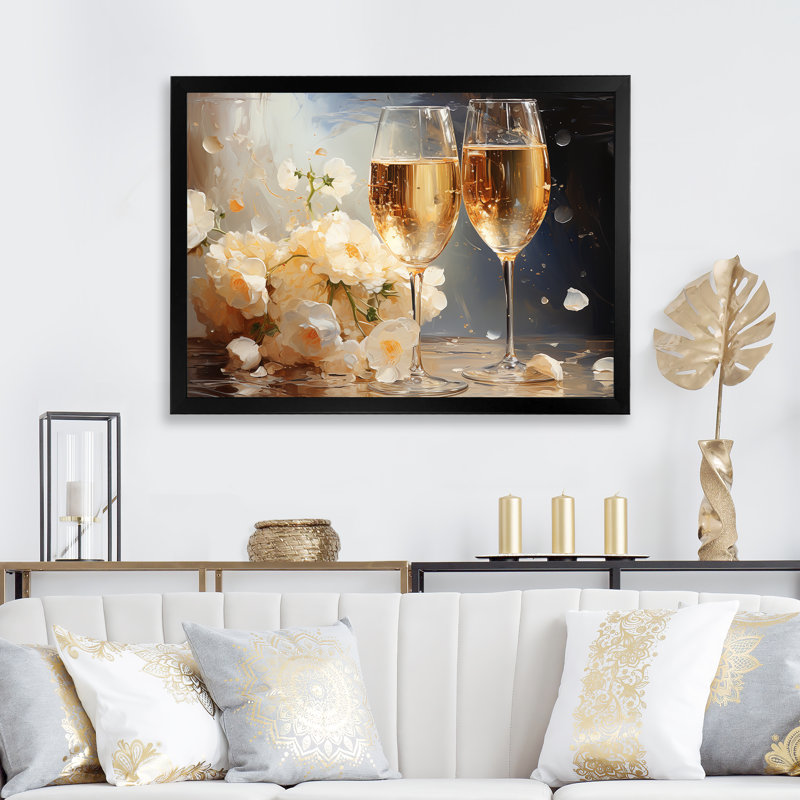 Bulles de fleurs dorées et blanches - Champagne, art mural, Cadre d'angle fermé noir, H 12 po x l 20 po x P 1 po