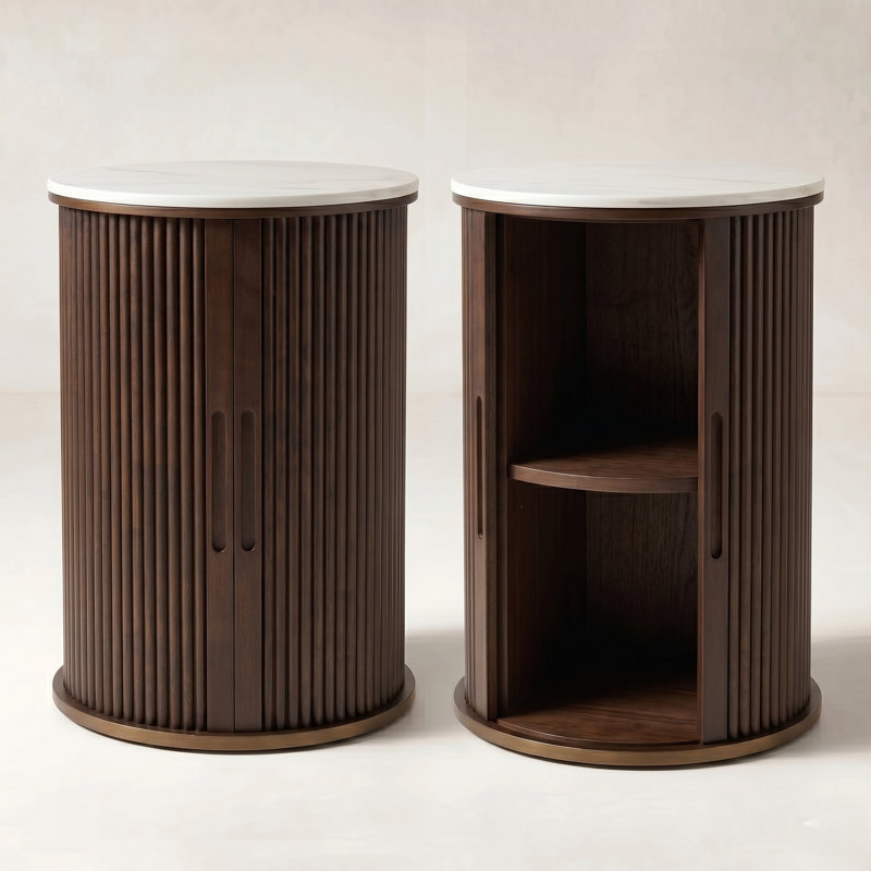 Ensemble de 2 tables de bout et tables de chevet cannelées avec rangement, Brown