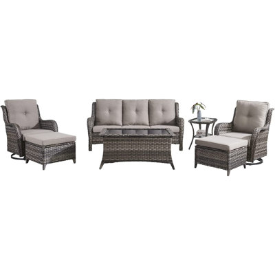 Ensemble de mobilier d'extérieur en rotin 7 personnes avec canapé, fauteuils à bascule, repose-pieds et table Bonia pour 7 personnes. (Ensemble de 7 pièces)