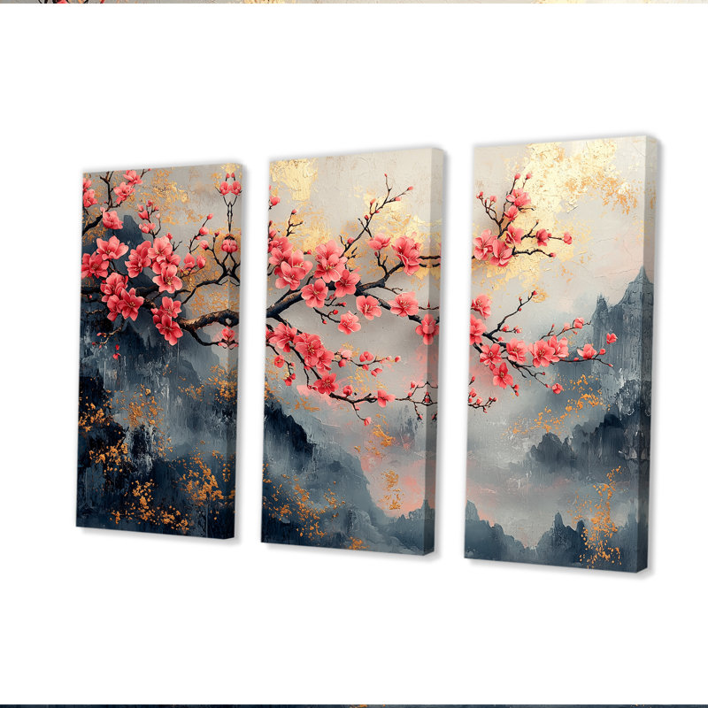 Rose, bleu, cerisier en fleurs, branche en Chine - ensemble d'art mural fleur de cerisier, Toile tendue