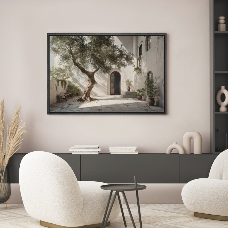 Sunlit Cour avec olivier, reproduction d'art sur toile encadrée dans la chambre principale, 24" H x 36" W x 1.5" D, Noir