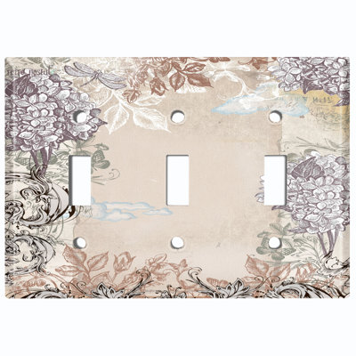 Vintage Damask Flower Retro Postal Card Beige Patterned 3 - Gang Toggle Light Switch Wall Plate