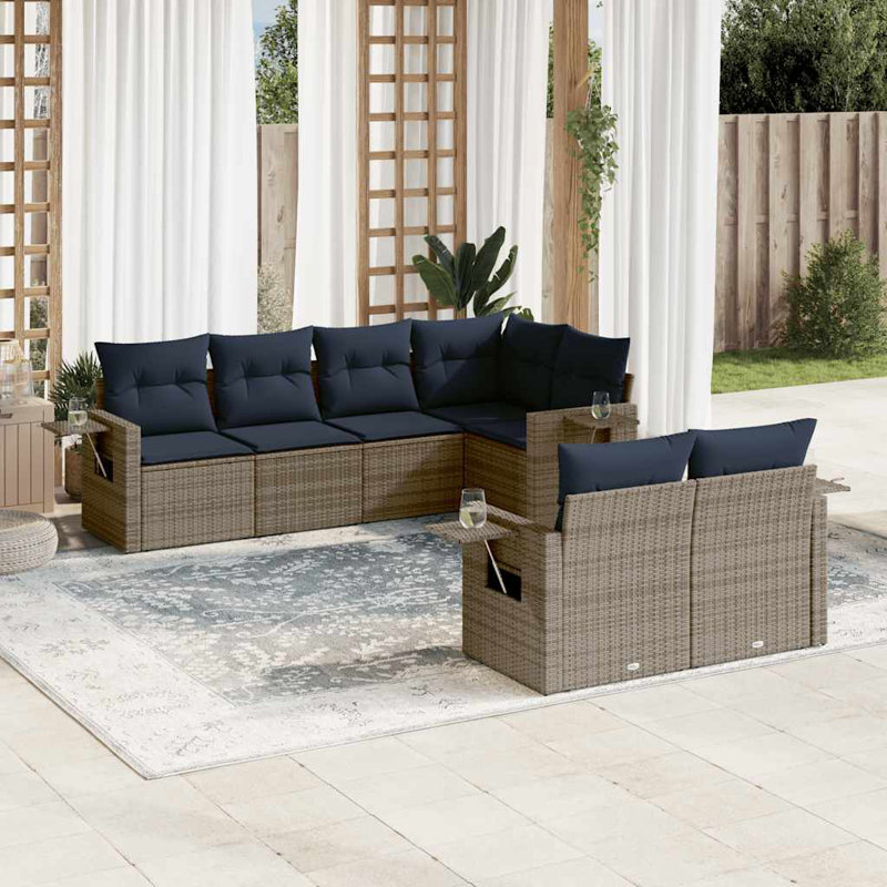 Latitude Run® 7 Piece Patio Sofa Set With Cushions Black Poly Rattan, Navy Blue Cushion/ Gray Frame