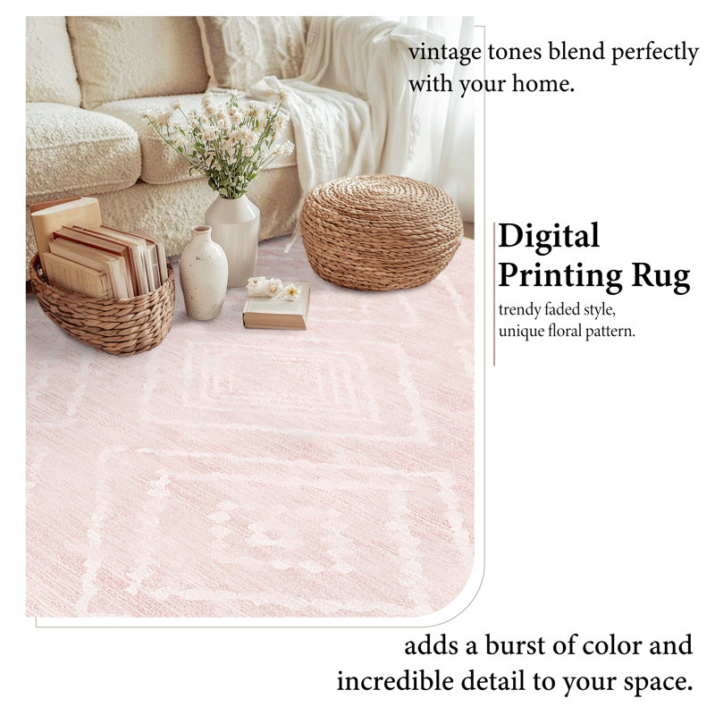 Machine Washable Non Slip Western Area Rugs for Living Room Bedroom Dining Room, Rectangle 4' x 6', Pink/Cream