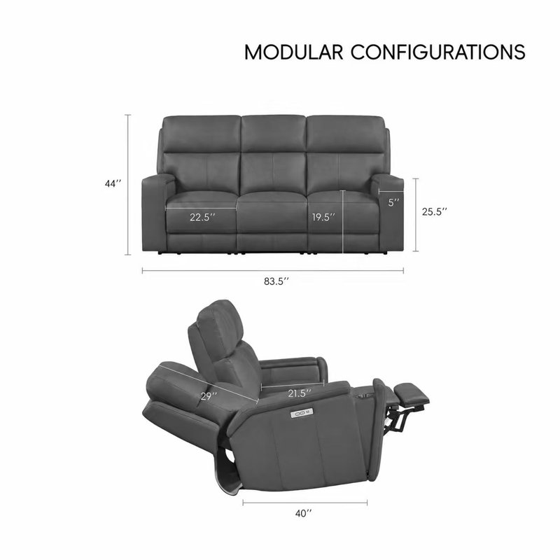 Canapé 3 places en cuir véritable double puissance avec porte-gobelets escamotables et port USB intégré, Gris