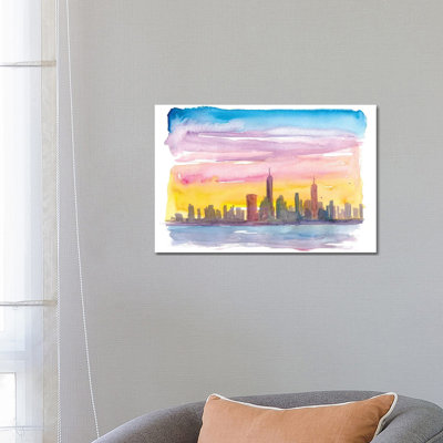 New York City Skyline in Golden Sunset Mood 1 Piece Wrapped Canvas Painting