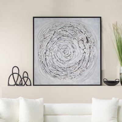 Modern Abstract 52X52 Swirl Painting, Gray On Black Frame, Rectangle Wall Art