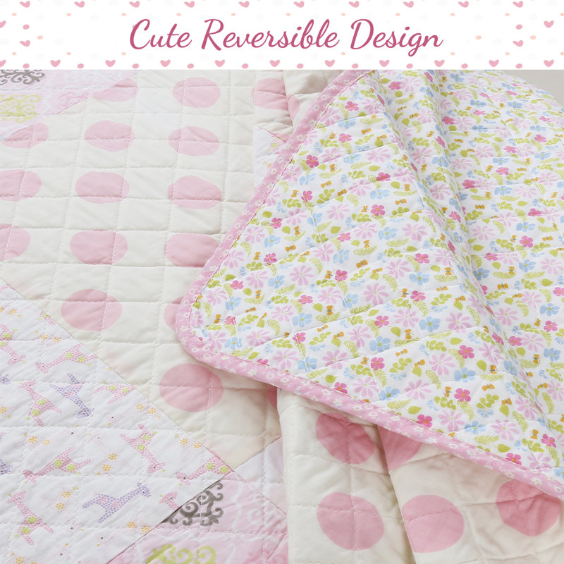 Pink Hearts and Polka Dots Cotton Twin Reversible Quilt Set