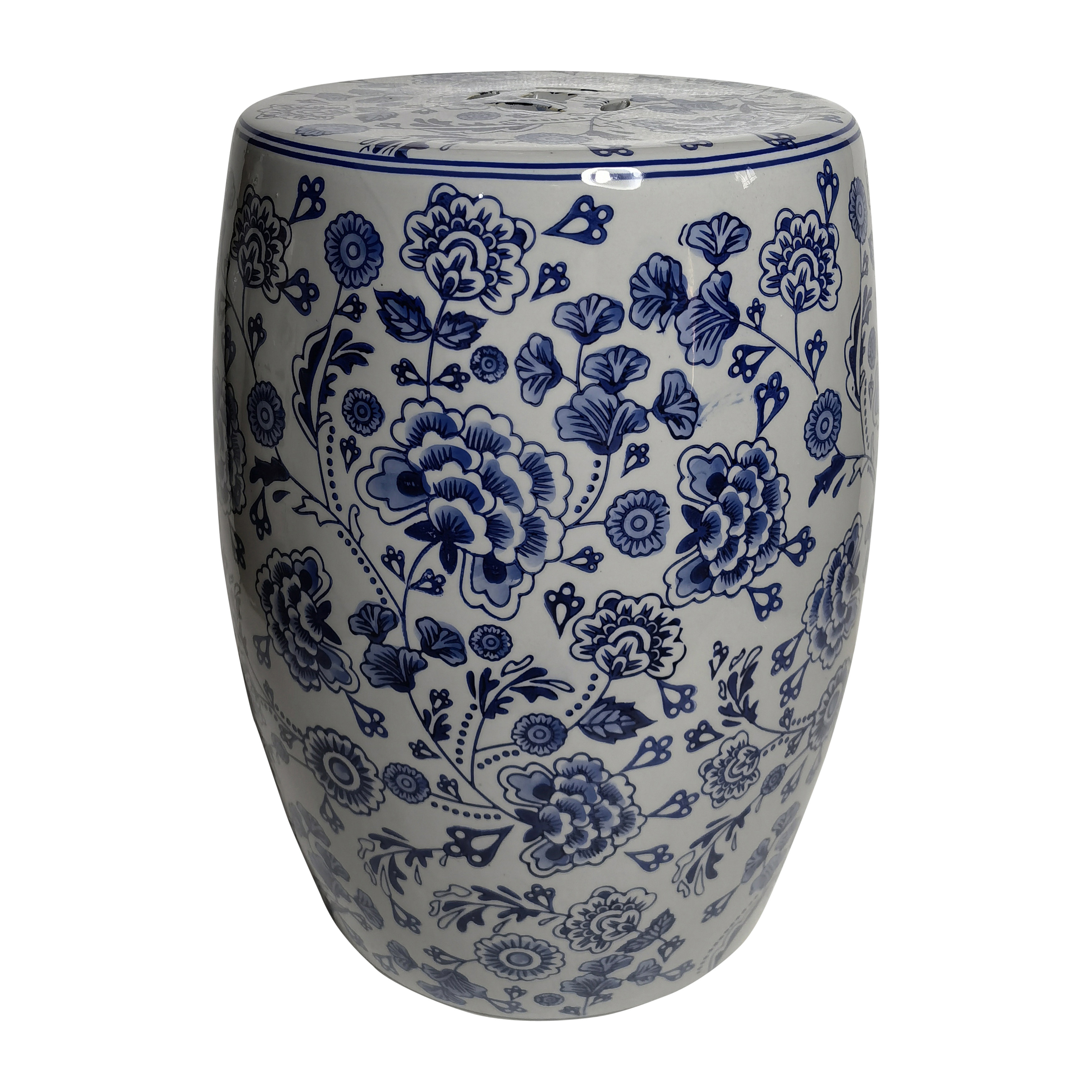 Langley Street Ceramic Hydrangea Chinoiserie Stool Elegant Blue and