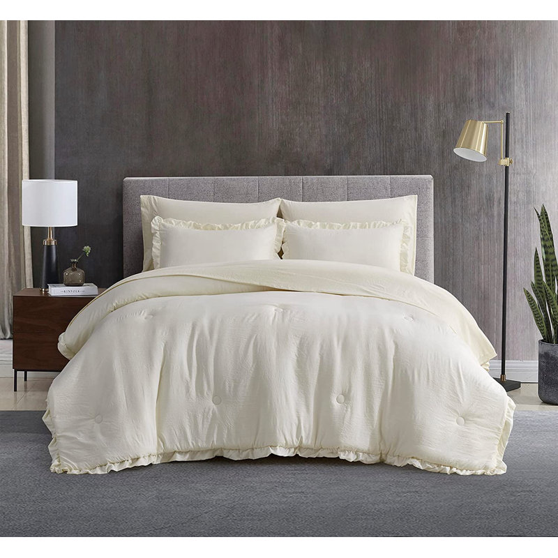 Ruffled Edge Microfiber Bed in a Bag Comforter Set, King Comforter + 6 Additional Pieces, Ivory