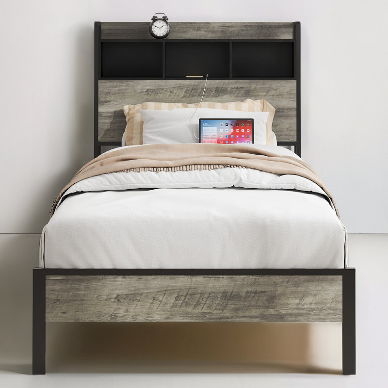 Base de lit plateforme avec tête de lit en bois et station de charge, Simple