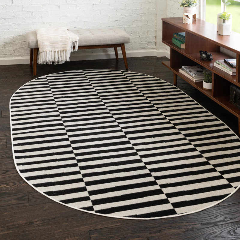 Arzilla Striped Area Rug, Oval 7'10" x 10', Black