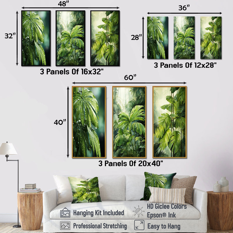 «Mossy Morning Palms», ensemble de 3 impressions sur toile de palmiers et palmiers, H 40 po x l 60 po, Cadre flottant blanc